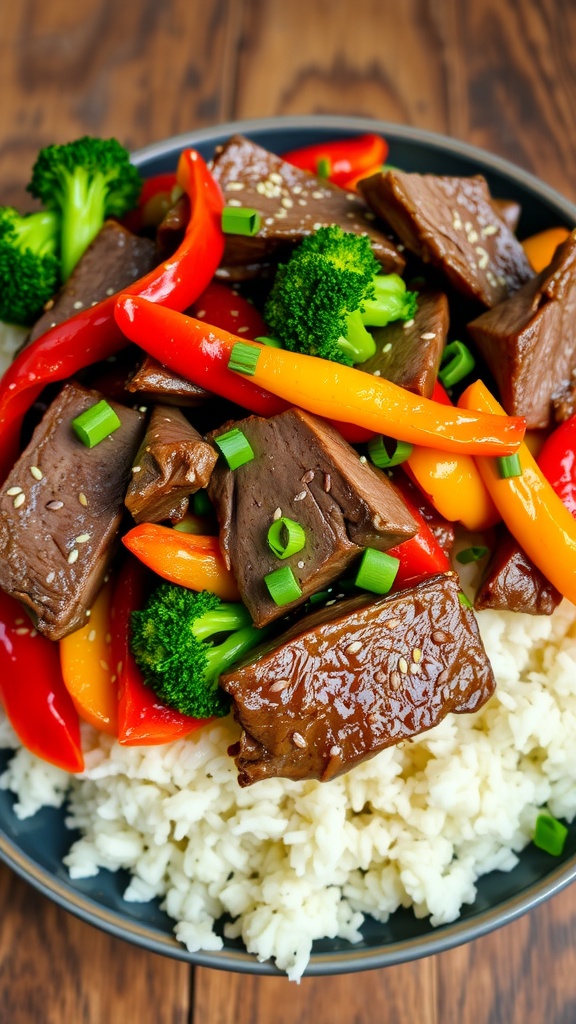 A delicious steak stir-fry with bell peppers and broccoli served over rice, garnished with sesame seeds and green onions.